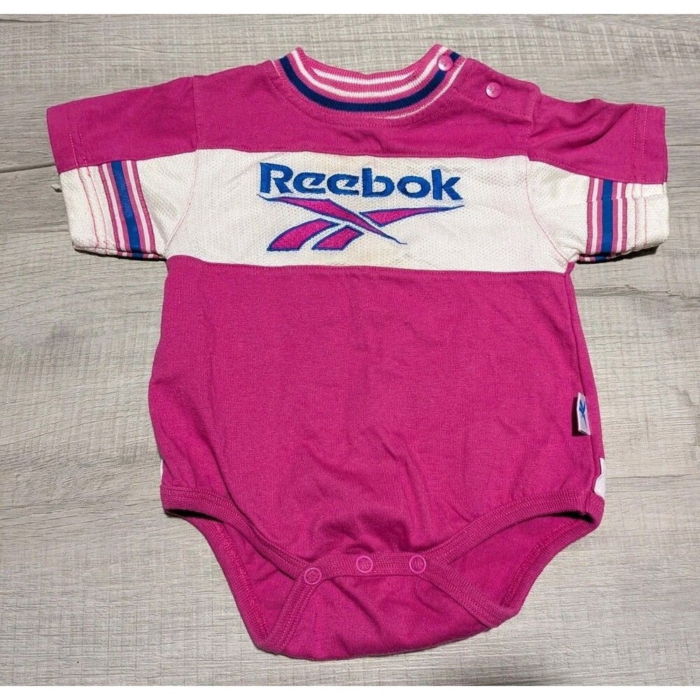 Vintage Reebok Baby Bodysuit Pink Blue Size 12 Months One Piece